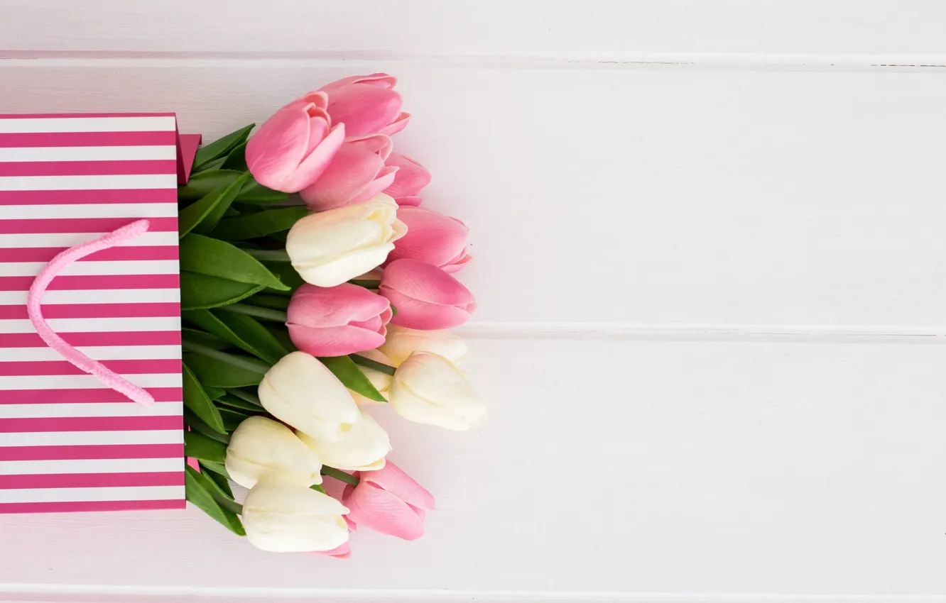 Photo wallpaper white, background, bouquet, tulips, packaging