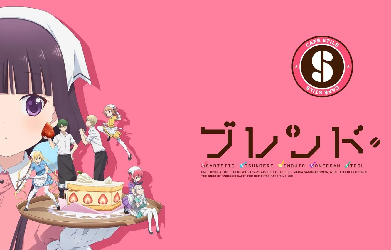 Photo wallpaper guys, pink background, characters, tray, apron, strawberry cake, Blend S, by Nakayama Miyuki