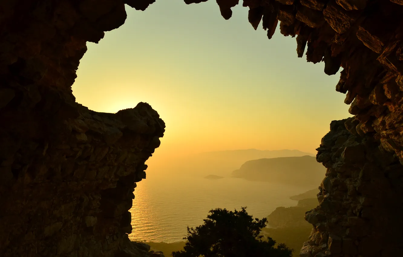 Photo wallpaper ocean, yellow, water, sun, Cave