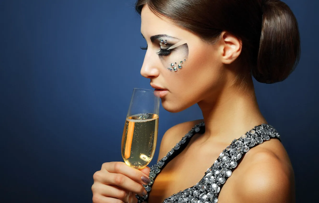 Photo wallpaper girl, glass, makeup, brunette, rhinestones, profile, champagne