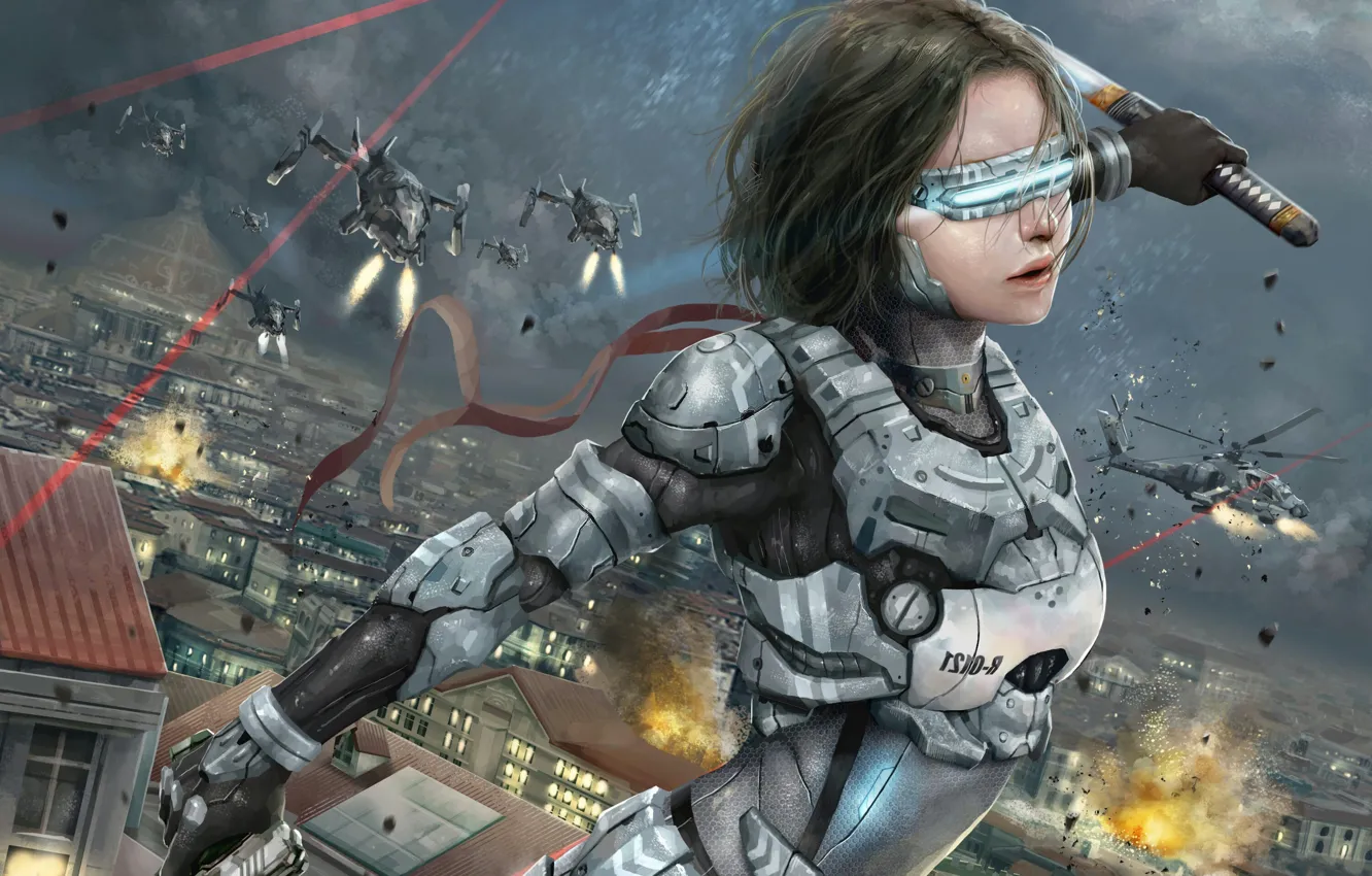 Photo wallpaper girl, future, war, ship, katana