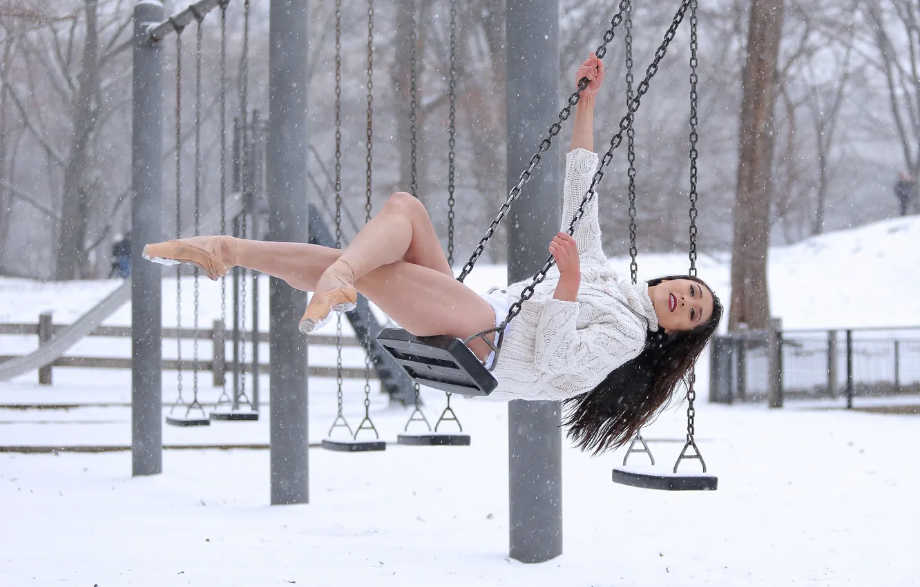 Photo wallpaper legs, snow, girl, swing