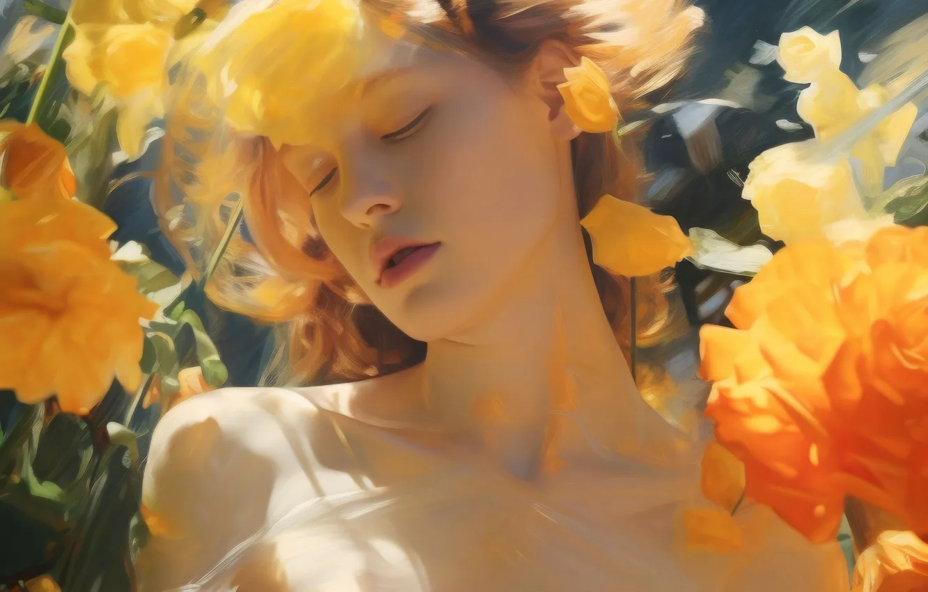 Photo wallpaper girl, flowers, digital art, AI art, The Art of Artificial Intelligence, neural network