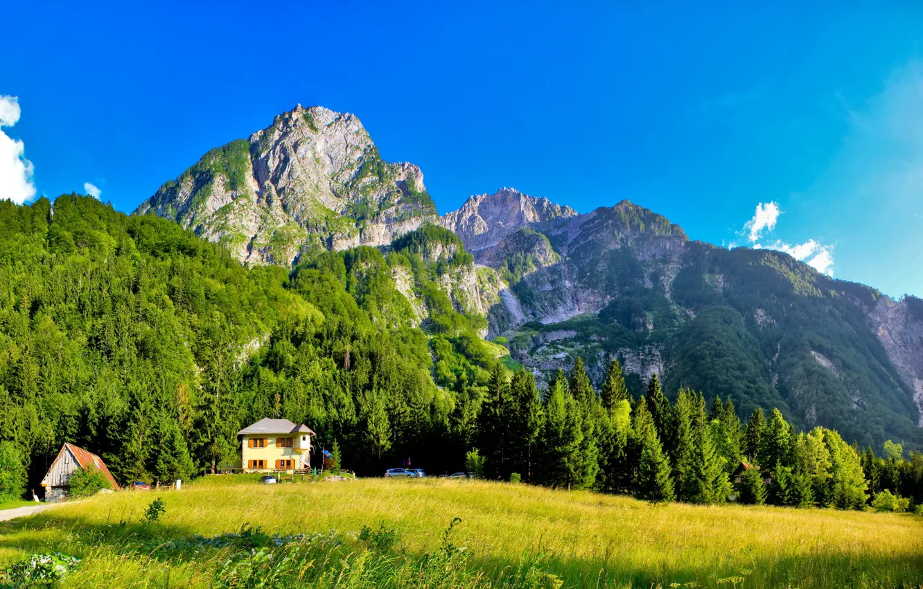 Photo wallpaper mountains, nature, Switzerland, house, Bovec