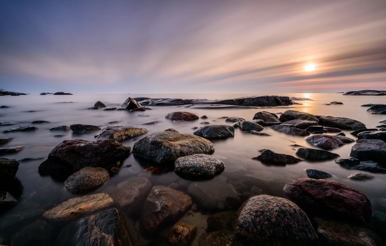 Photo wallpaper sea, the sky, stones, shore, pond, stones