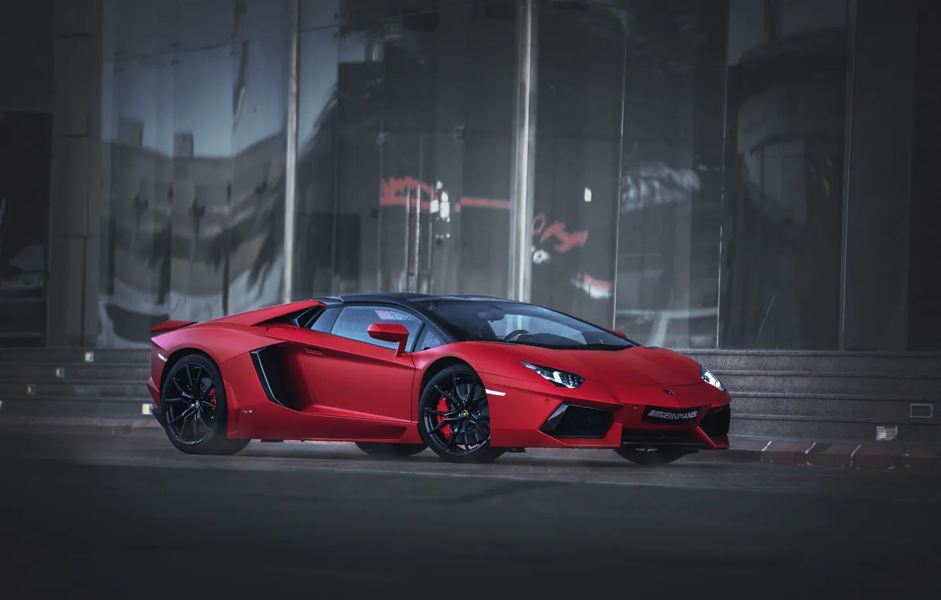 Photo wallpaper red, Roadster, Lamborghini, Aventador