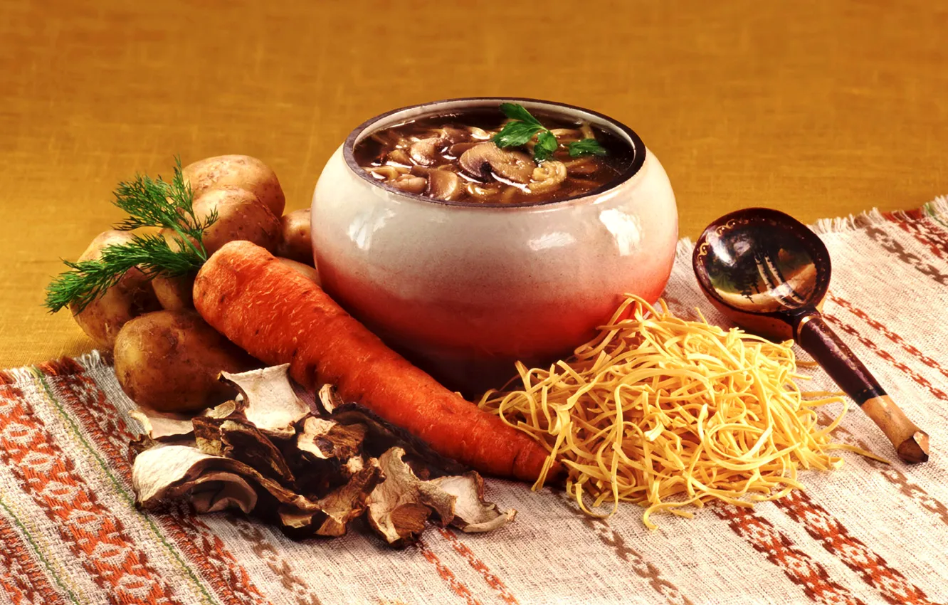 Photo wallpaper mushrooms, spoon, carrots, pot, potatoes, noodles, stew