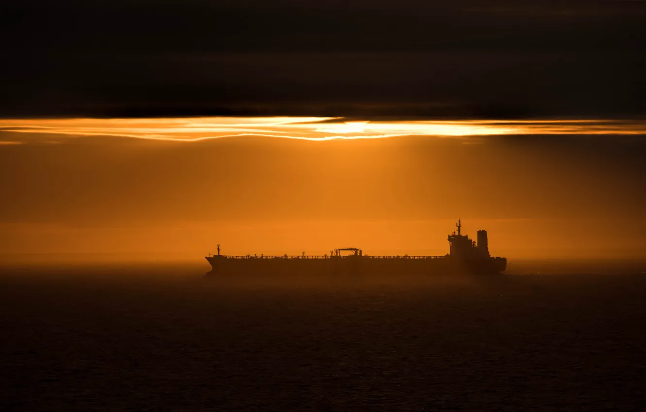 Photo wallpaper sea, the sky, sunset, tanker