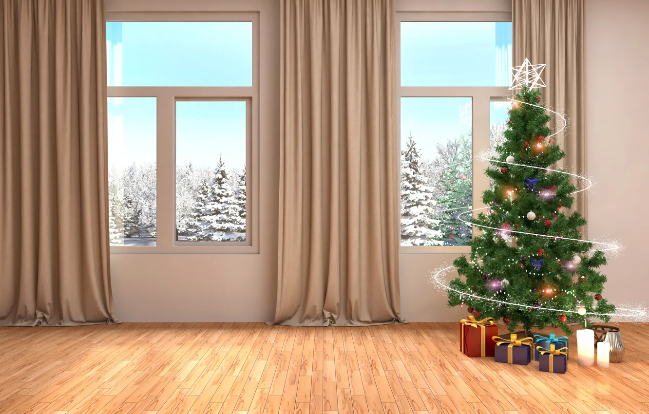Photo wallpaper winter, tree, interior, window, New year