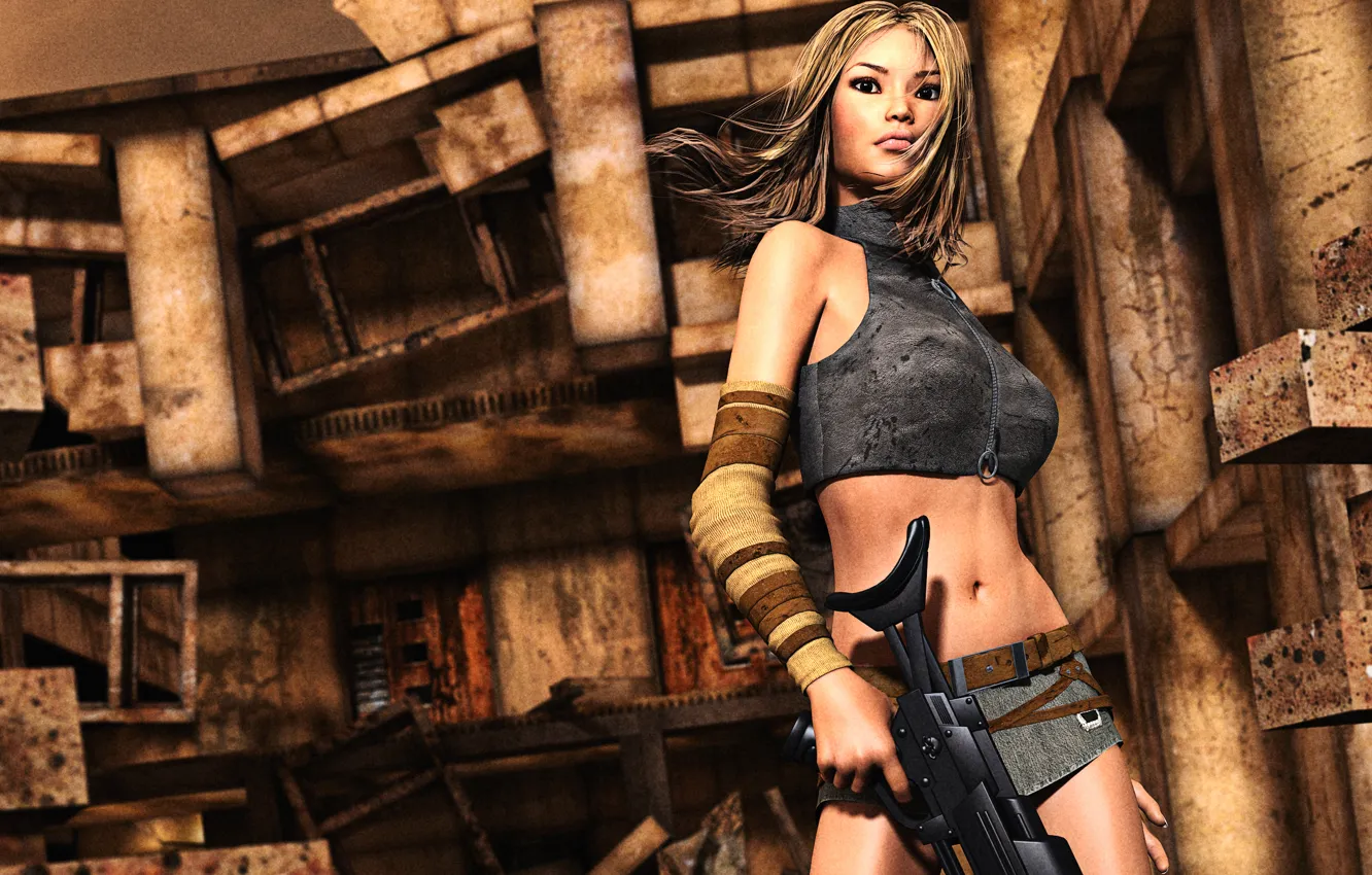 Photo wallpaper look, girl, face, pose, rendering, weapons, background, hair
