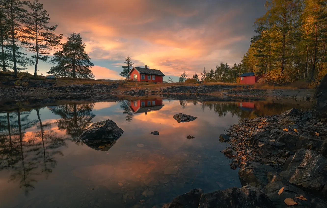 Photo wallpaper autumn, trees, sunset, lake, reflection, Norway, house, Norway
