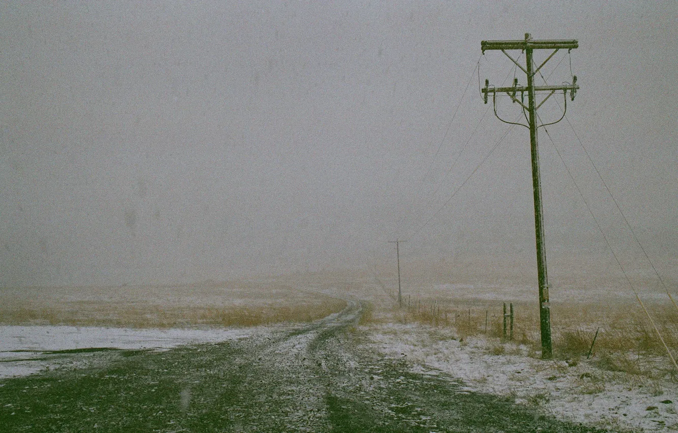 Photo wallpaper road, winter, fog, countryside, mist, power line, snowing