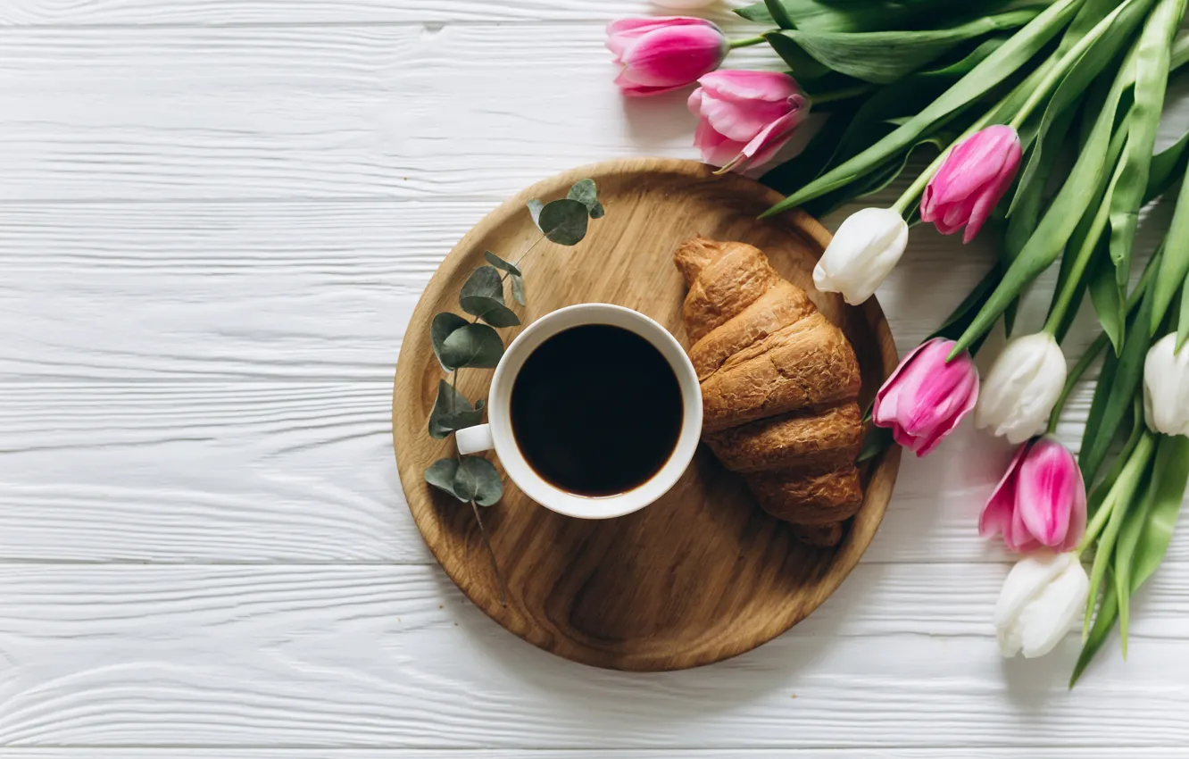 Photo wallpaper flowers, coffee, Breakfast, Cup, tulips, pink, white, heart