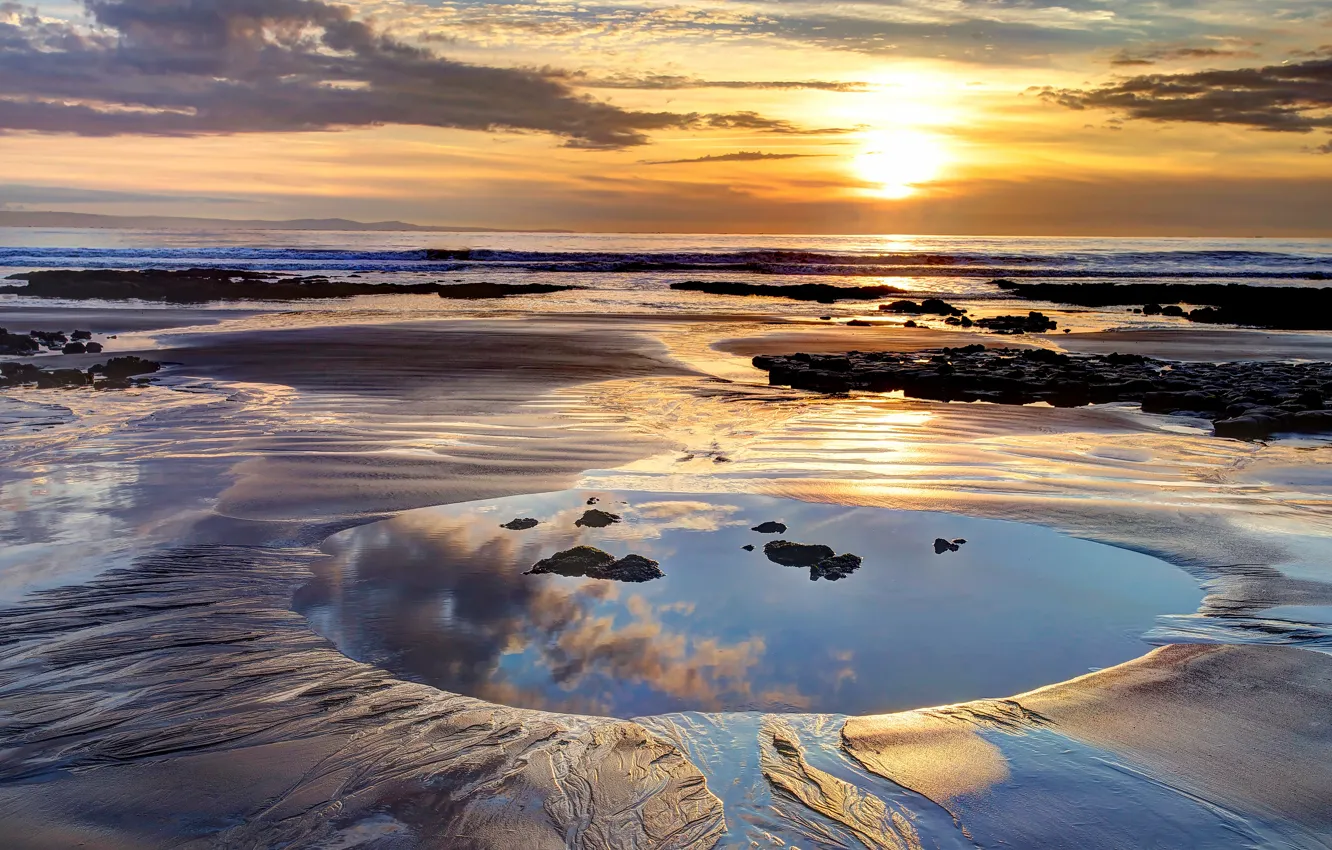 Photo wallpaper sand, sea, beach, the sky, the sun, clouds, light, sunset