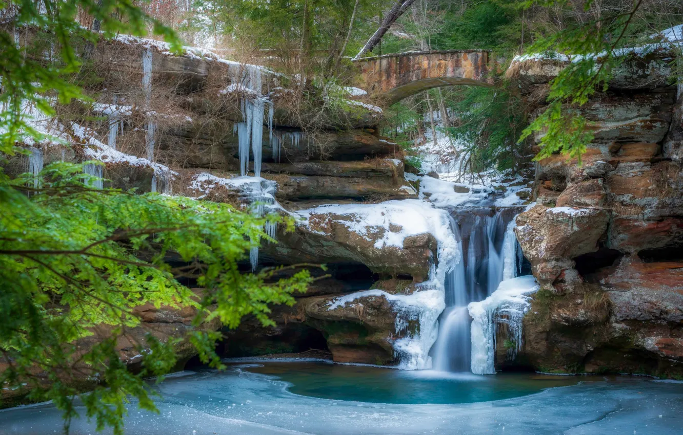 Photo wallpaper winter, snow, branches, bridge, stones, rocks, waterfall, stream