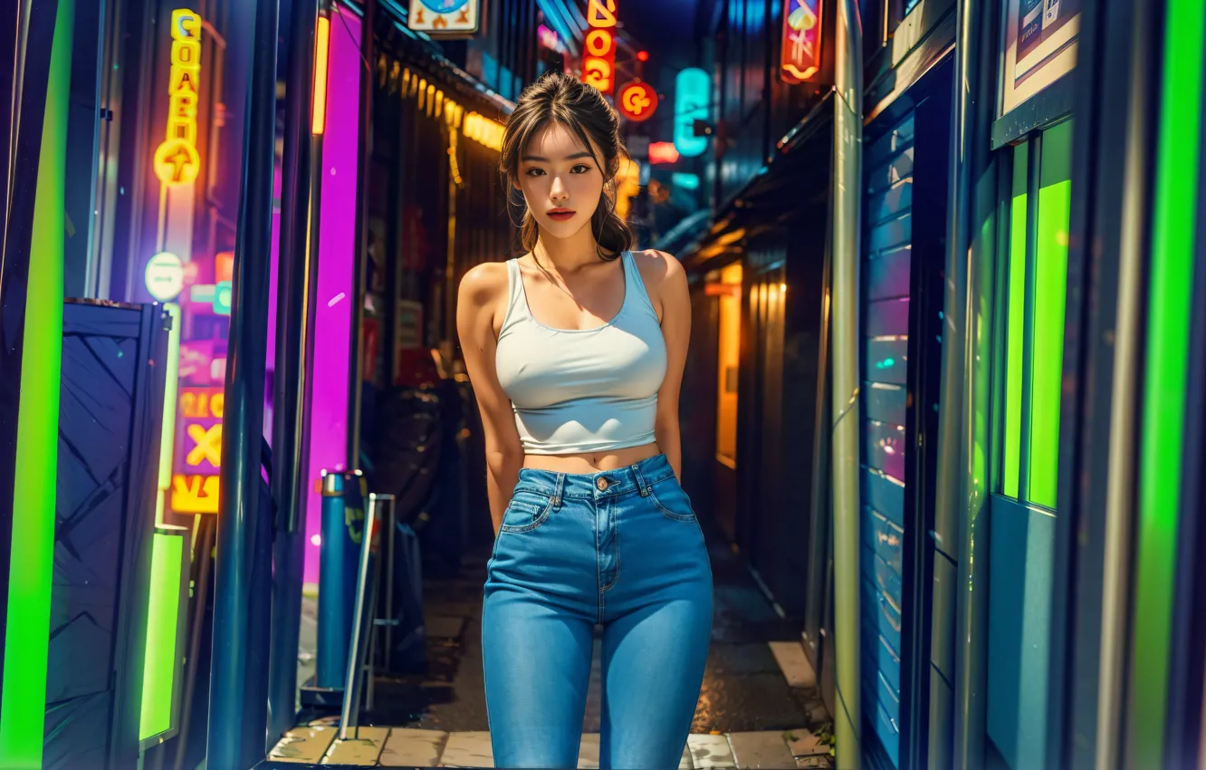 Photo wallpaper lights, women, jeans, asian, digital art, standing, tank top, bare shoulders
