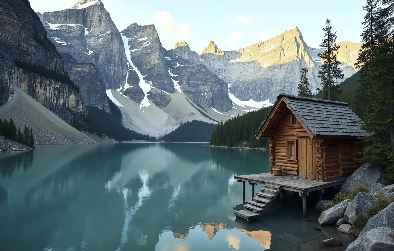 Photo wallpaper winter, snow, mountains, nature, lake, river, hut, forest