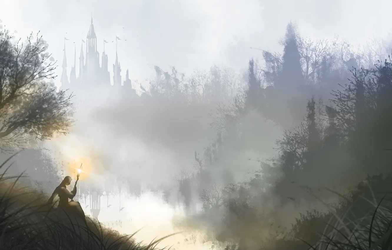 Photo wallpaper girl, lake, reflection, fiction, art, staff, sitting, Darell