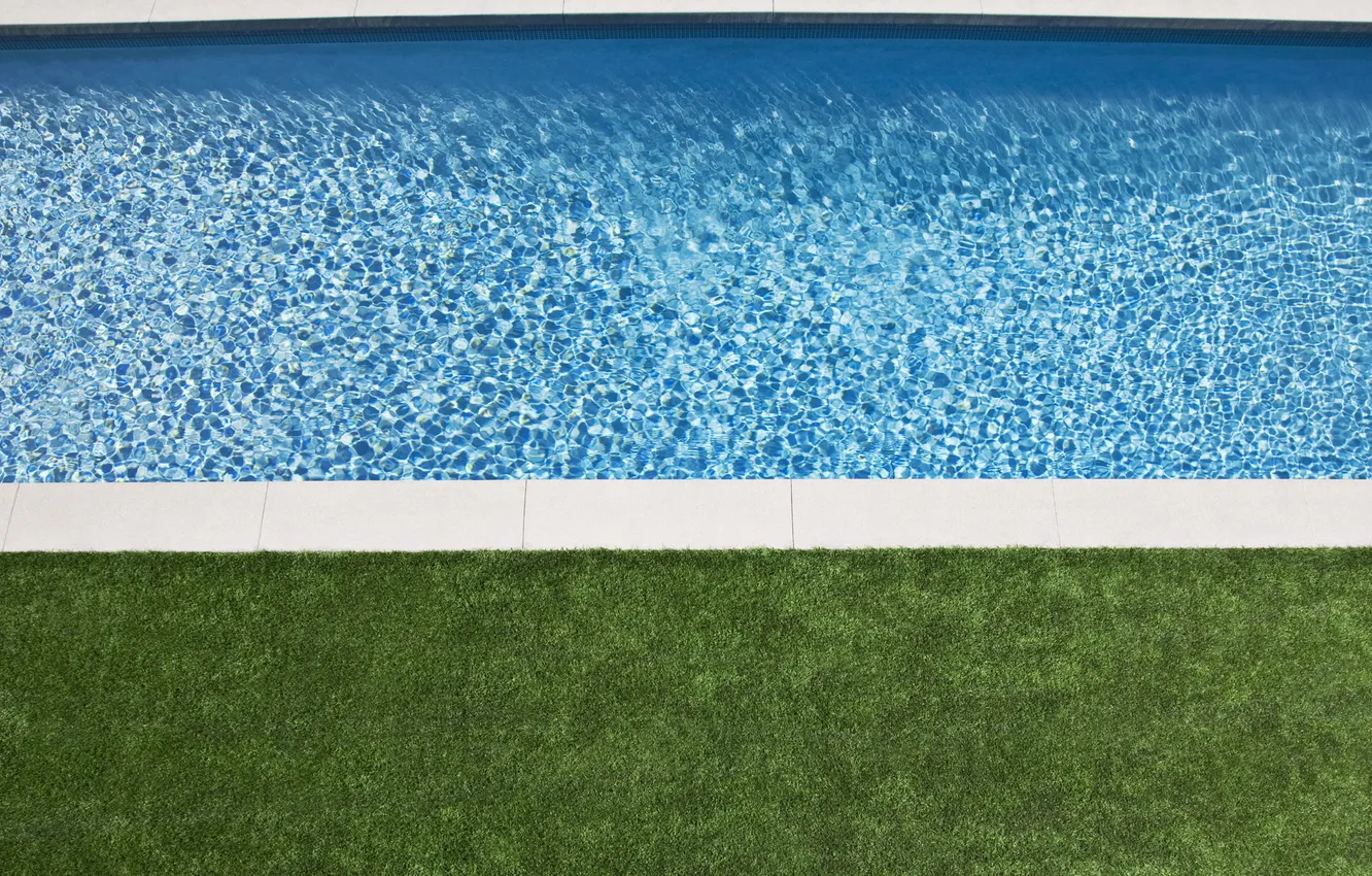 Photo wallpaper grass, water, design, lawn, interior, transparent, pool, blue