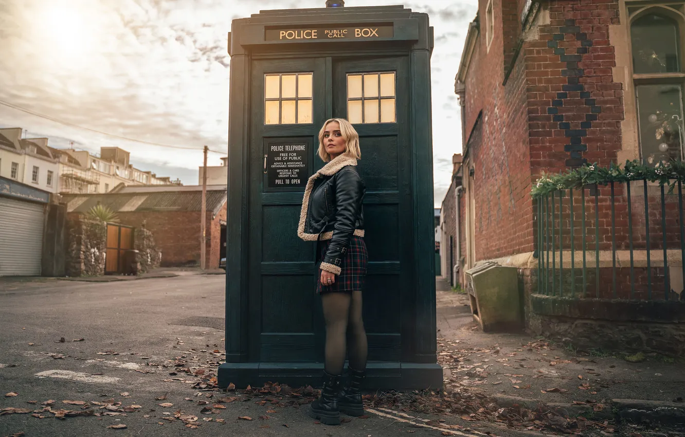 Photo wallpaper autumn, girl, street, skirt, jacket, blonde, booth, tights