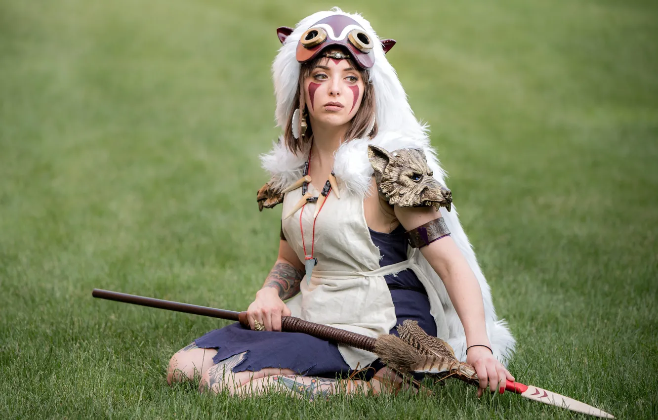 Photo wallpaper girl, face, costume, spear, cosplay
