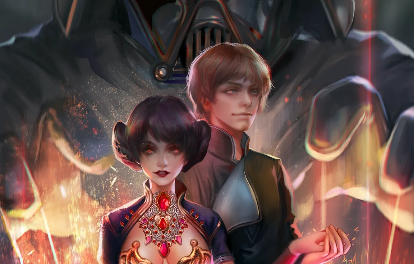 Photo wallpaper girl, Star Wars, Star wars, two, Darth Vader, Luke Skywalker, Princess Leia