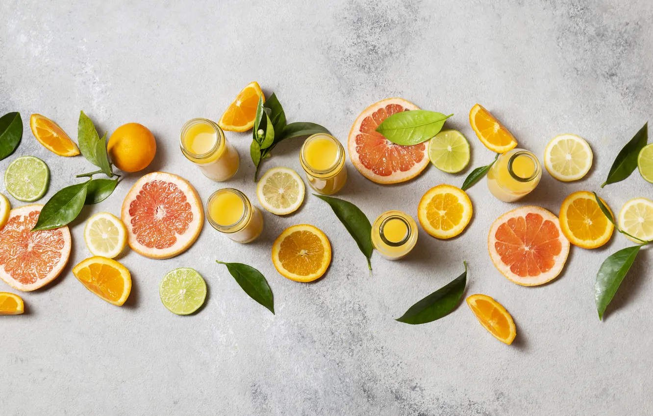 Photo wallpaper leaves, lemon, orange, juice, jars, lime, citrus, fruit