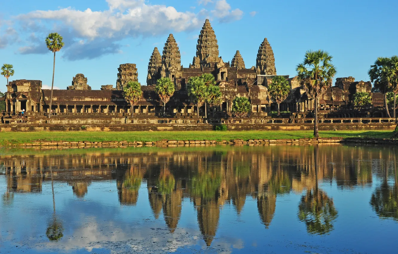 Photo wallpaper landscape, lake, reflection, temple, architecture, the ancient city, Cambodia, Angkor Wat