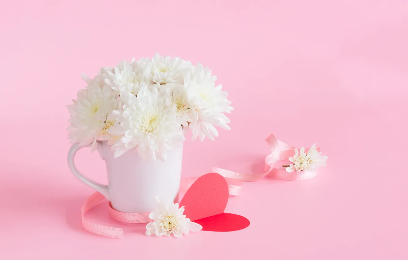 Photo wallpaper flowers, bouquet, mug, hearts, chrysanthemum