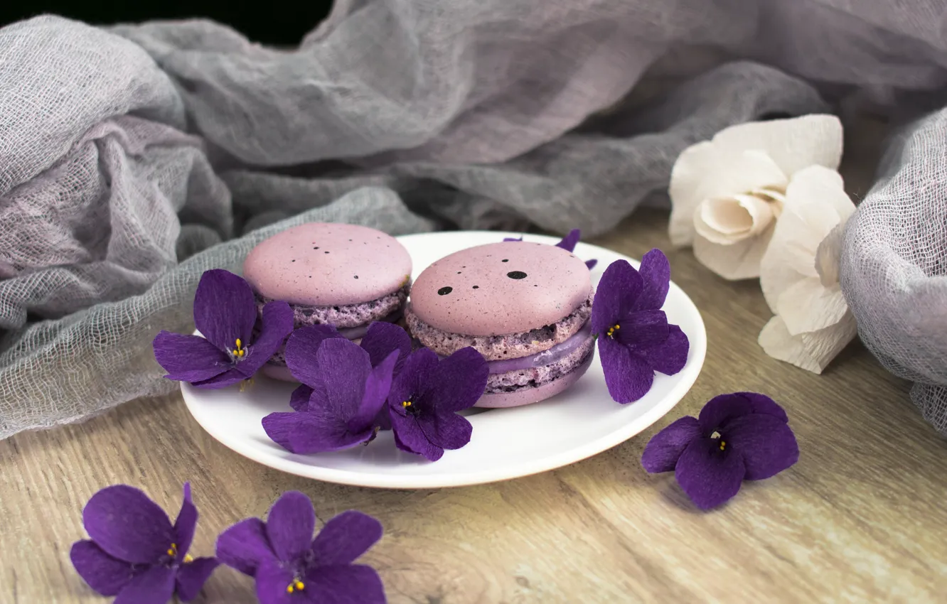 Photo wallpaper flowers, cakes, violet, macaroon