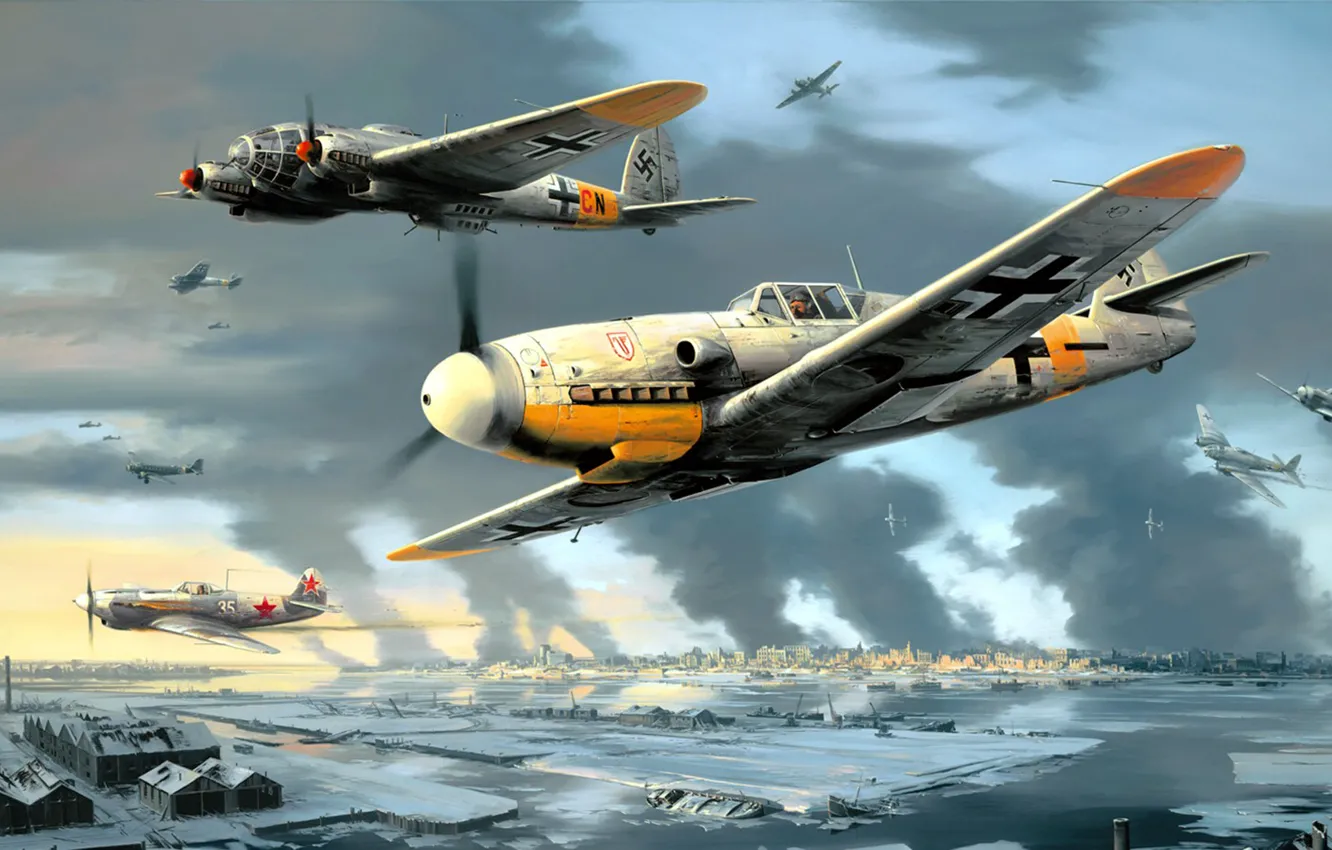 Photo wallpaper figure, art, Messerschmitt, Bf.109, single-engine piston fighter-low, Heinkel He 111, The Artist Nicolas Trudgian, German …