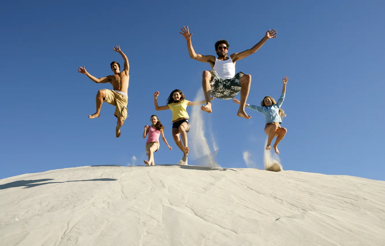Photo wallpaper sand, summer, the sky, joy, happiness, girls, mood, jump