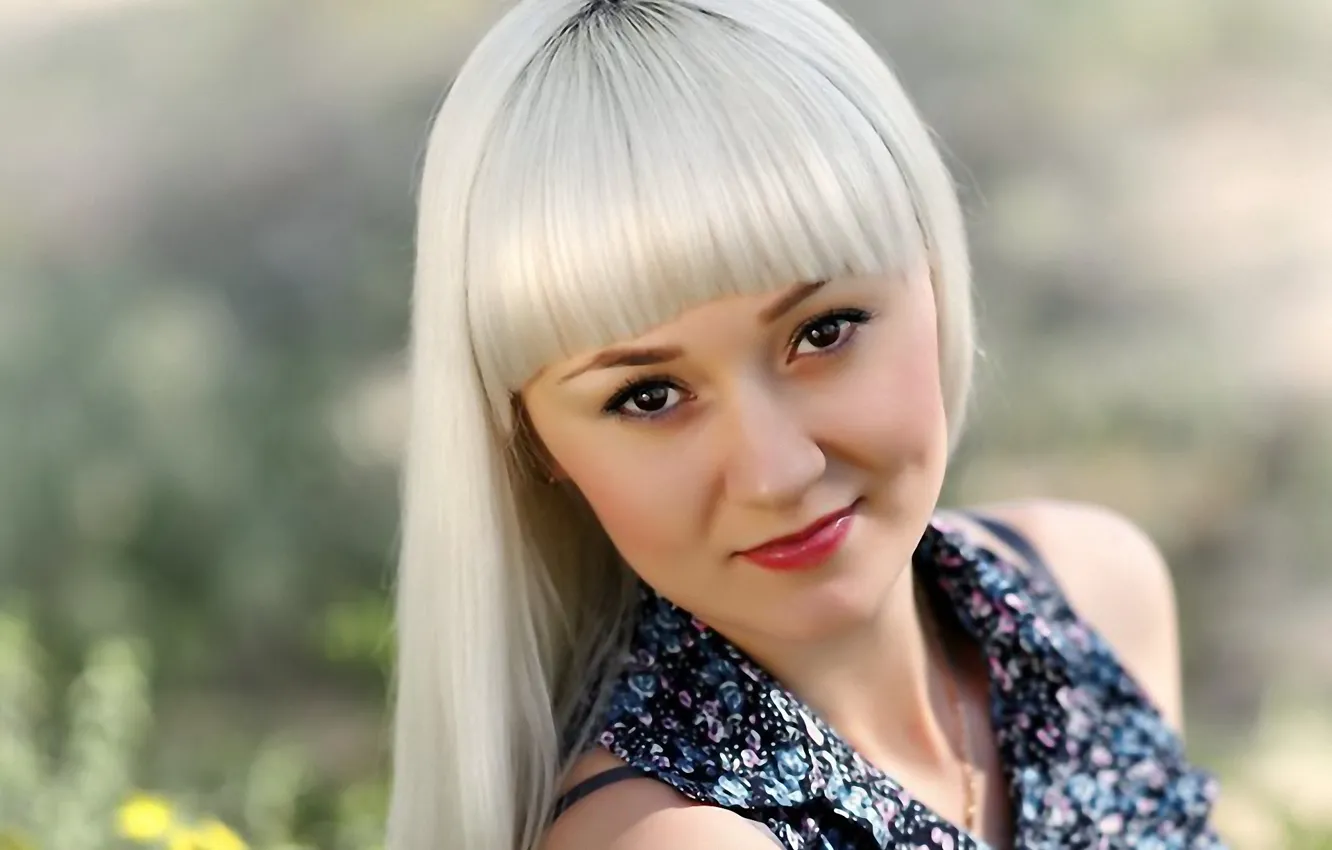 Photo wallpaper beauty, white hair, bangs, brown-eyed, portrait of a girl, dyed brunette