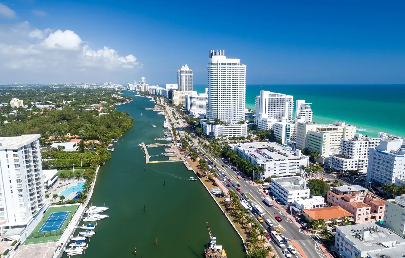 Photo wallpaper sea, coast, home, Miami, FL, horizon, panorama, USA