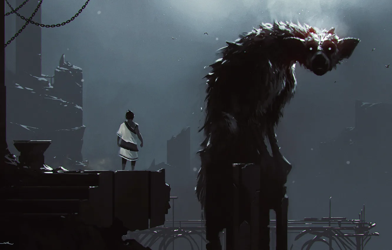 Photo wallpaper fiction, boy, Keepers, fantasy, Griffin, art, tights, The Last Guardian