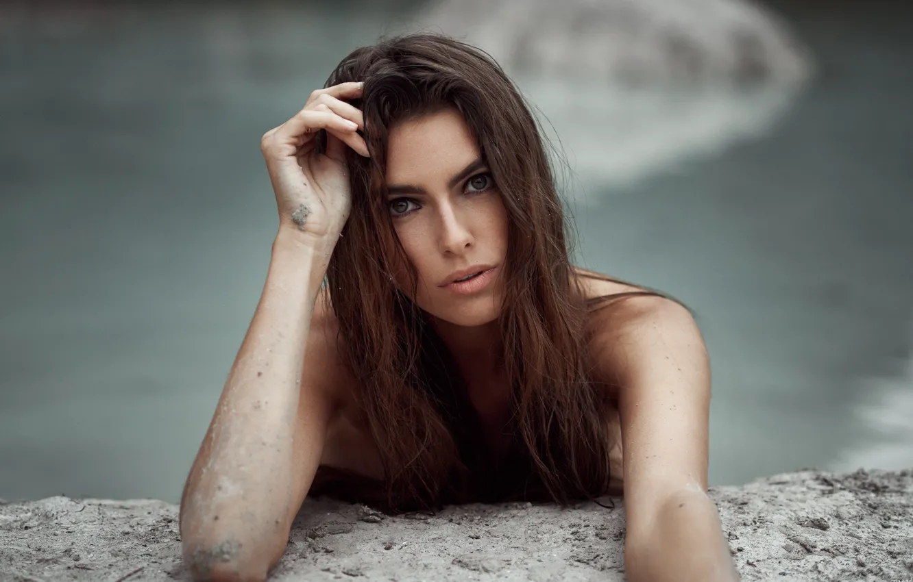 Photo wallpaper look, water, model, makeup, hairstyle, brown hair, beauty, bokeh