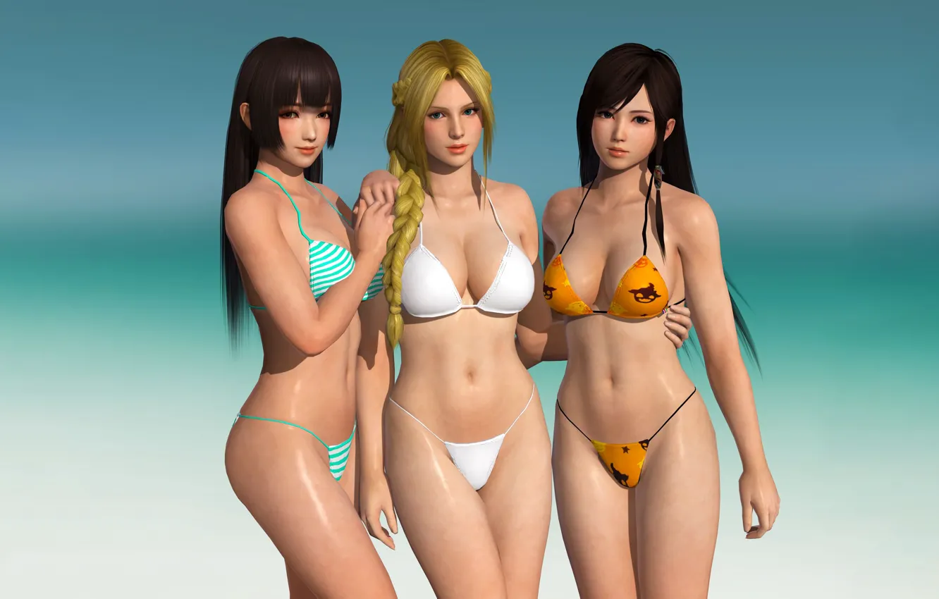 Photo wallpaper sexy, cleavage, dead or alive, long hair, girls, brown eyes, boobs, anime