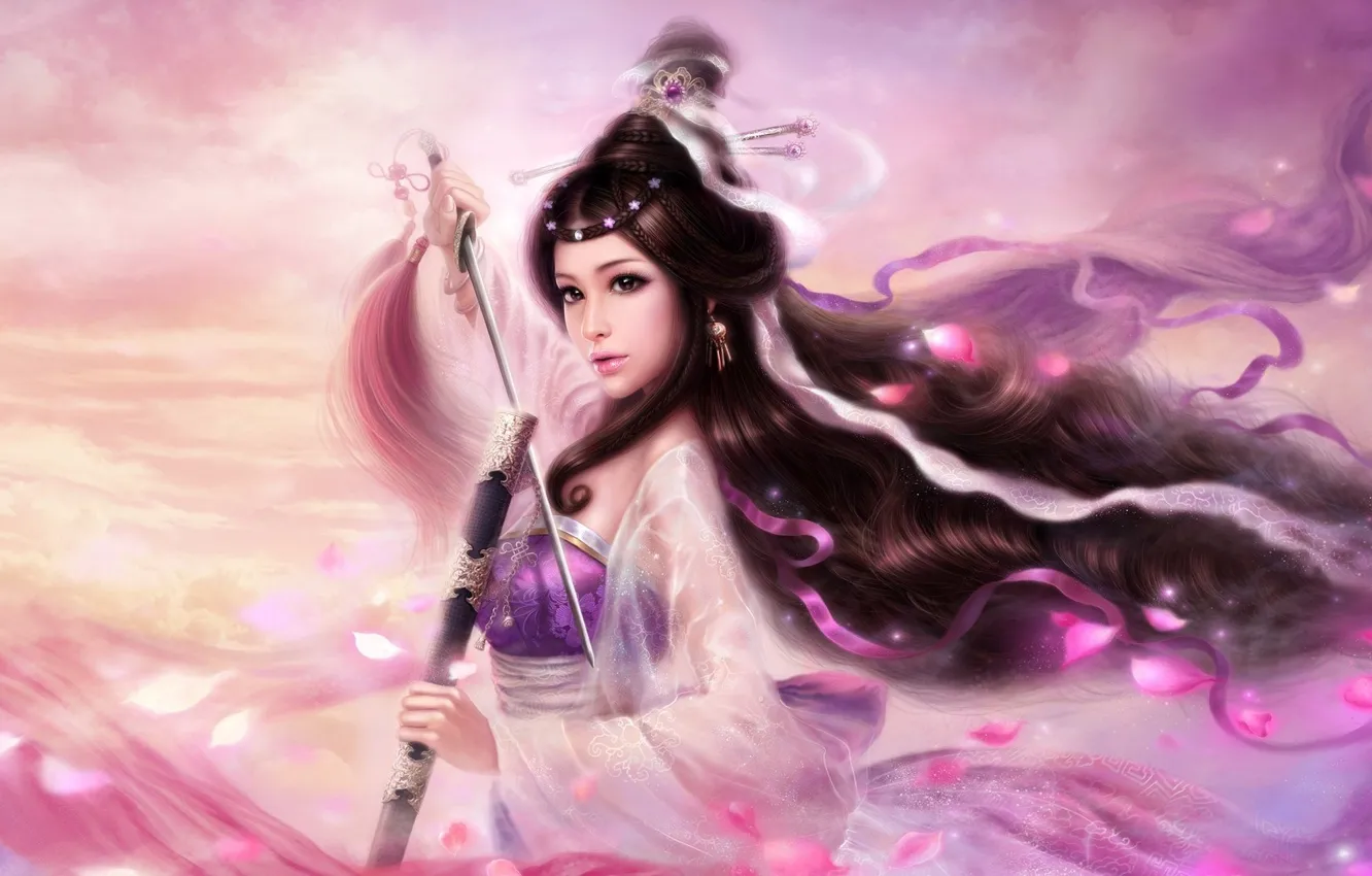 Photo wallpaper girl, fantasy, the wind, the game, sword, Sakura, warrior, petal