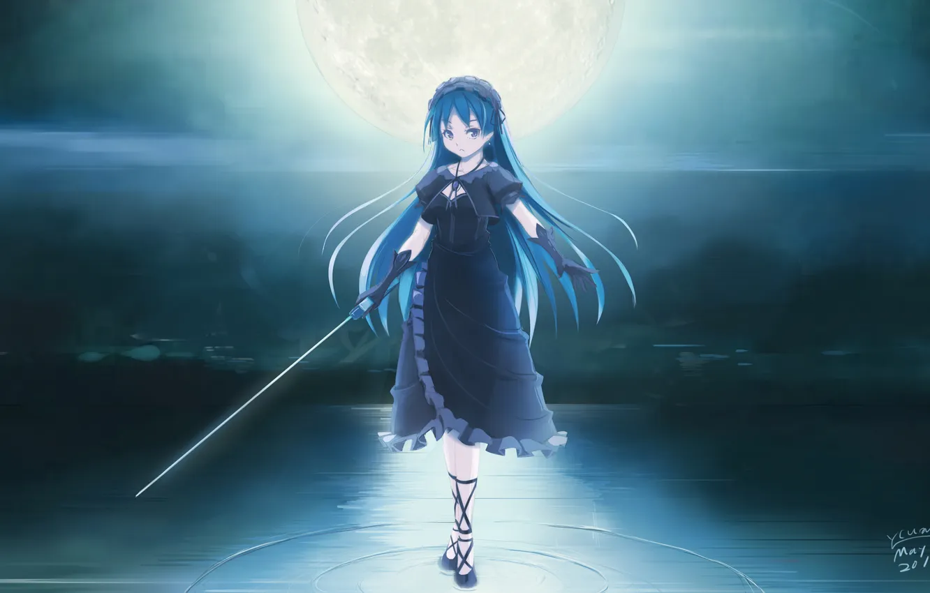 Photo wallpaper water, girl, night, weapons, the moon, sword, anime, art