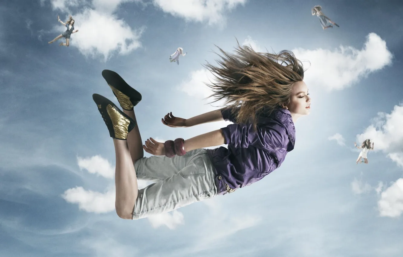Photo wallpaper the sky, girl, flight
