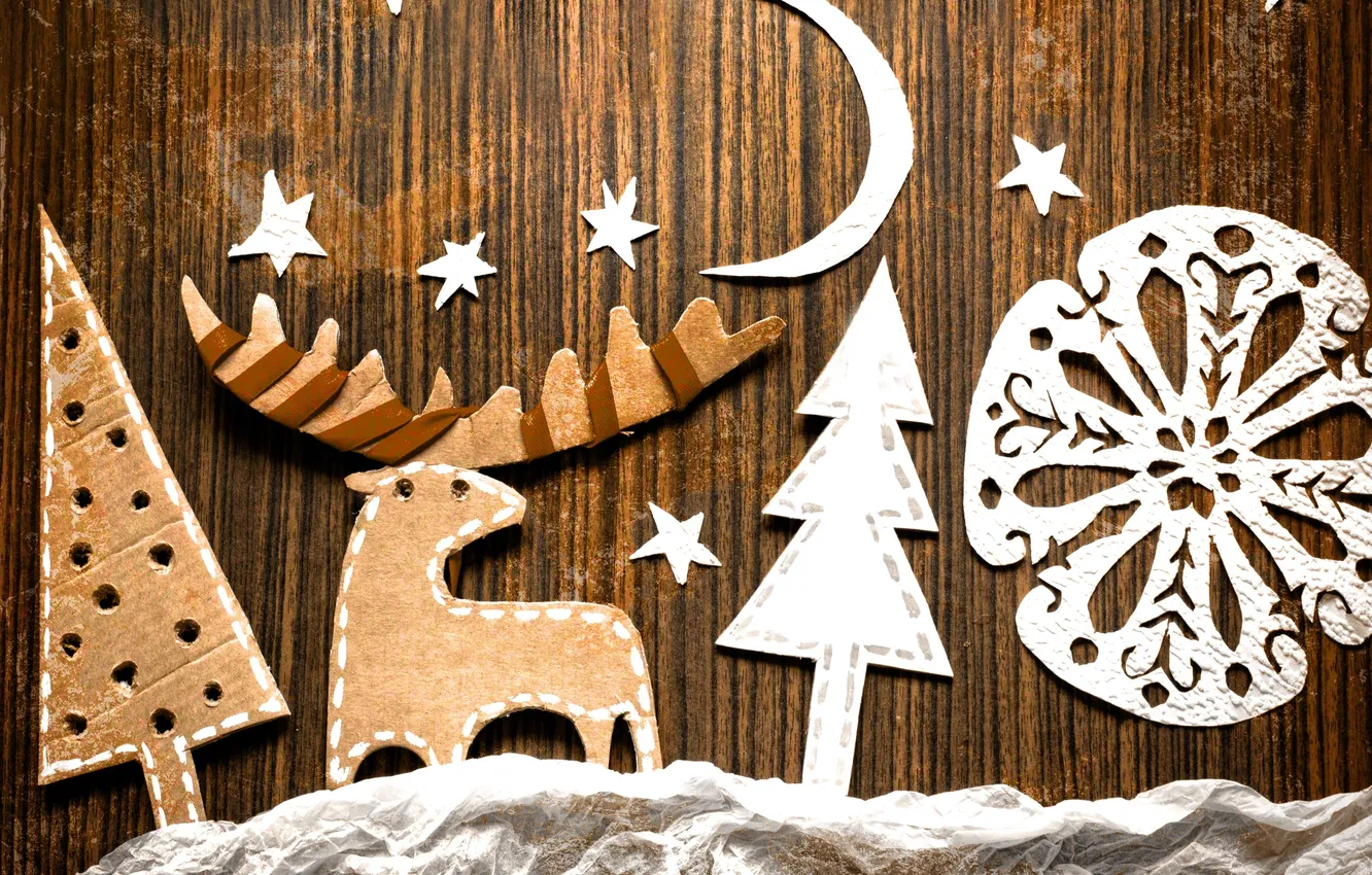 Photo wallpaper stars, snowflakes, tree, a month, deer, cardboard, DIY