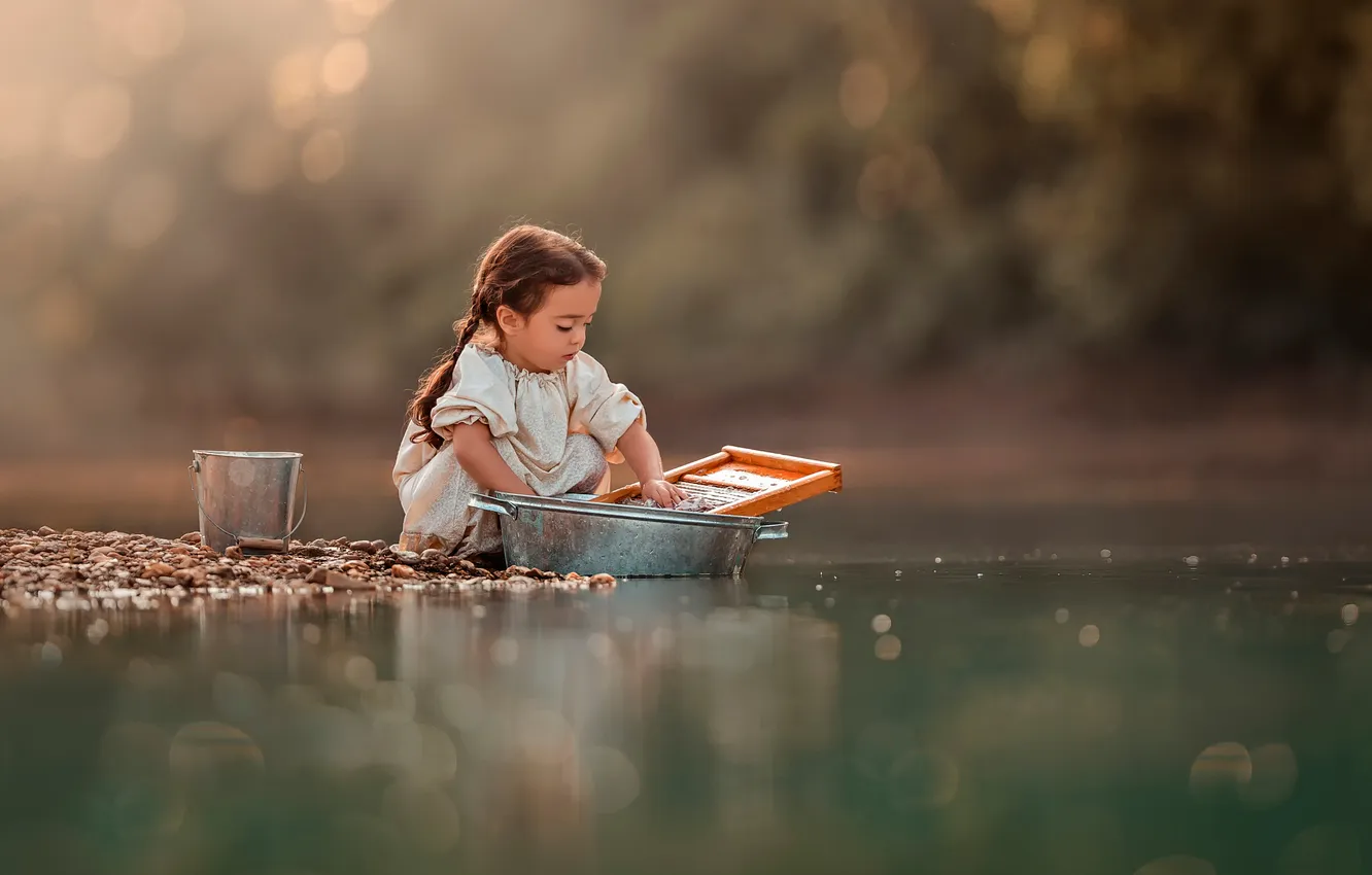 Photo wallpaper river, girl, wash, Riverside morning