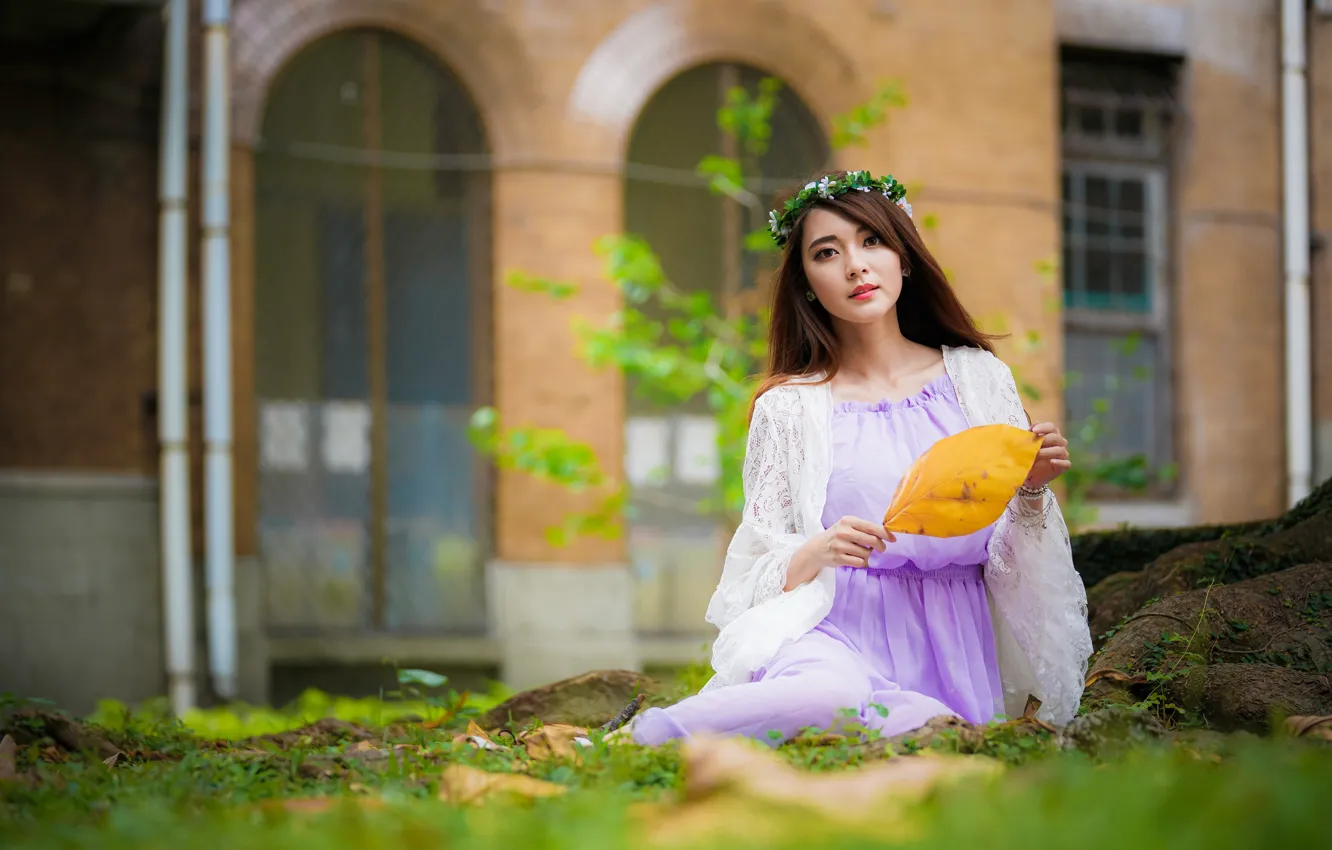 Photo wallpaper girl, Asian, sitting, cutie, bokeh