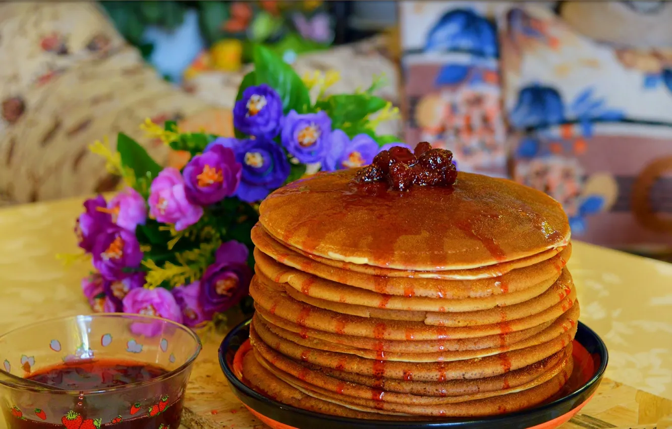 Photo wallpaper Flowers, Sweets, Pancakes