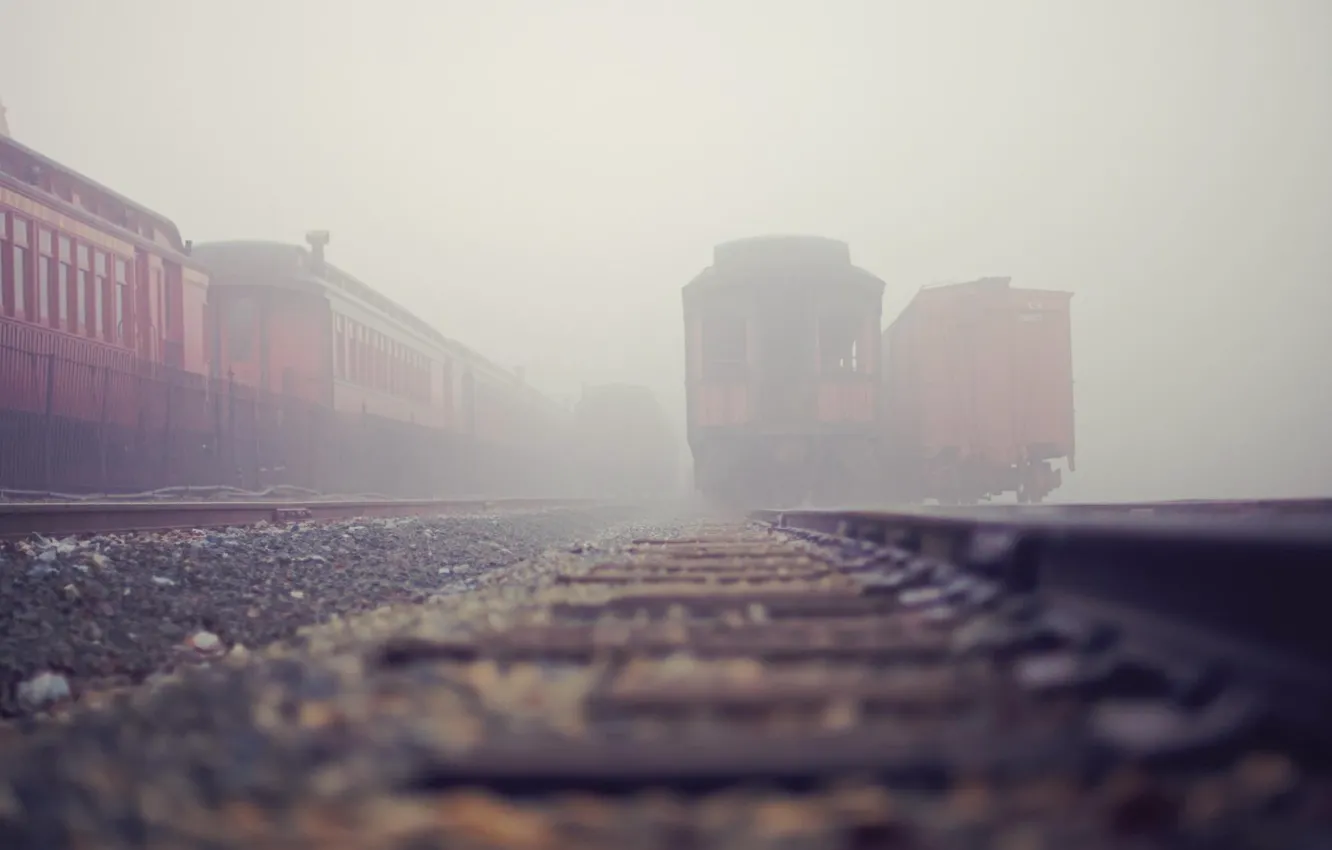 Photo wallpaper city, the city, fog, station, cars, railroad, trains, fog