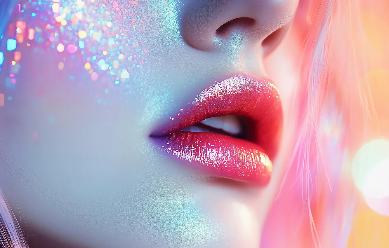 Photo wallpaper girl, face, Shine, makeup, lipstick, lips, AI art, neural network