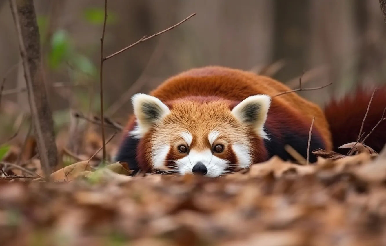 Photo wallpaper autumn, look, foliage, lies, red Panda, face, red Panda, AI art