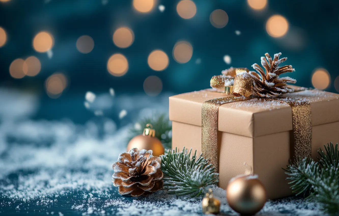 Photo wallpaper winter, frost, snow, lights, box, gift, new year, Christmas