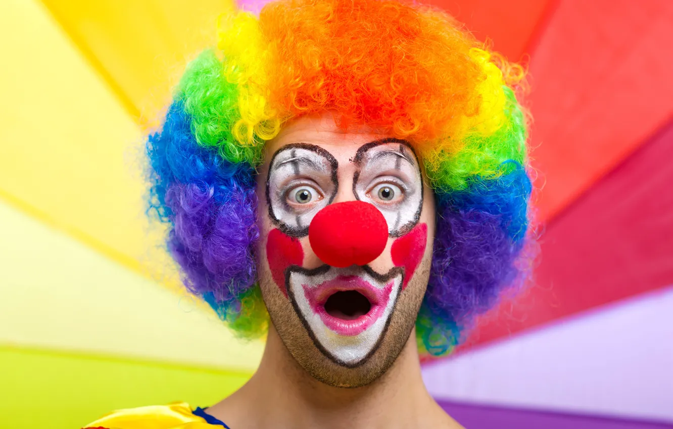 Photo wallpaper look, face, background, surprise, clown, hairstyle, outfit, colorful