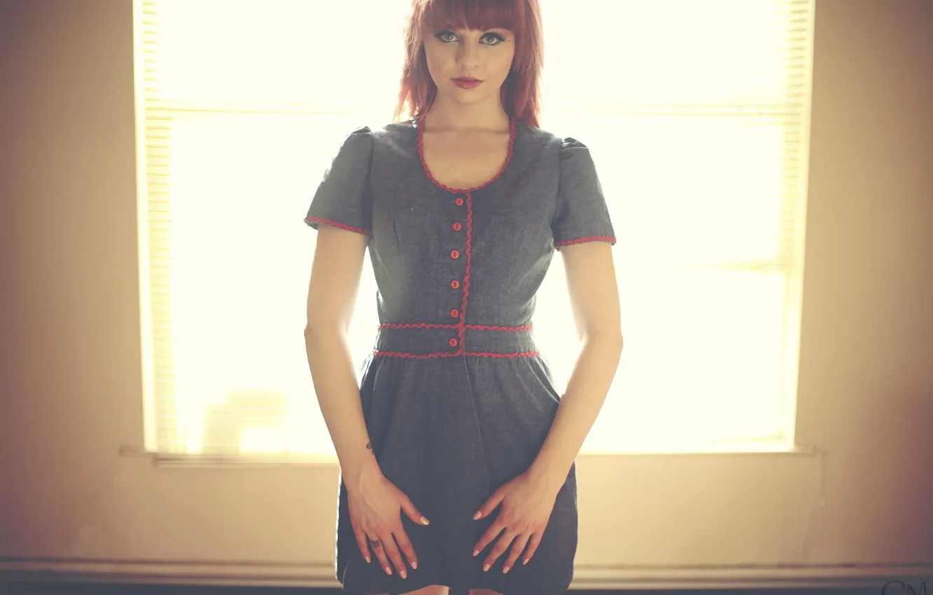 Photo wallpaper girl, dress, woman, model, window, redhead, room, female
